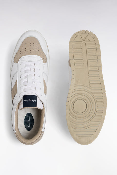 Sneakers bicolores en cuir lisse blanc et cuir suédé beige - Image 3