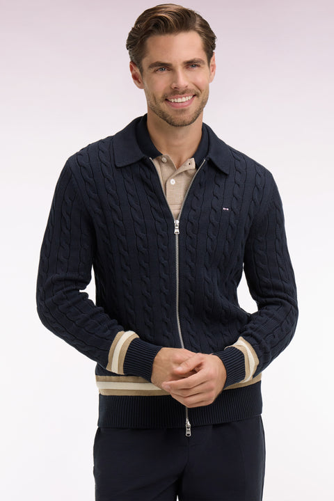 Cardigan zippé à torsade en coton marine - Image 1