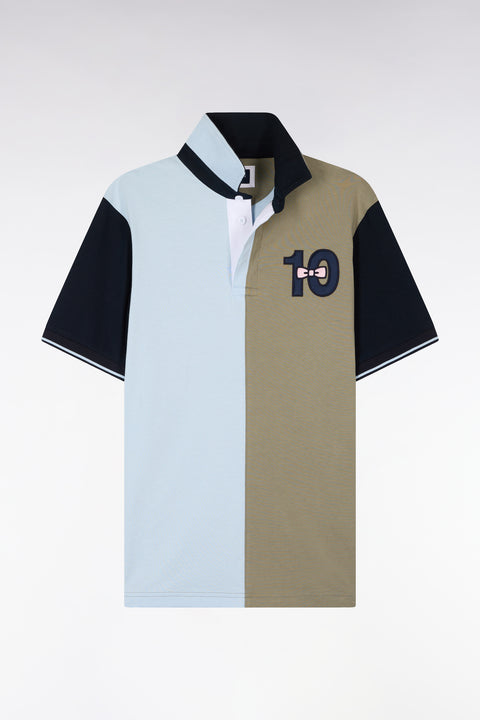 Maillot à manches courtes en coton bicolore kaki et bleu ciel broderie 10 coupe Regular - Image 2