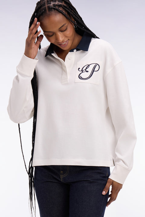 Maillot à manches longues en coton écru brodé coupe Oversized - Image 1