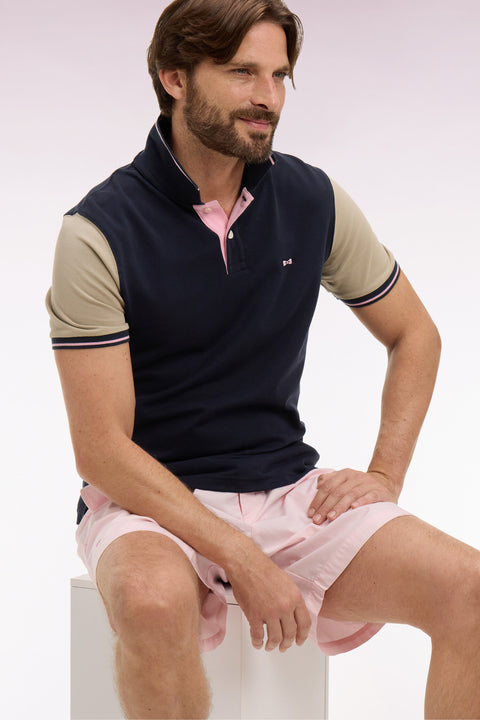 Polo à manches courtes en coton marine et beige - Image 1