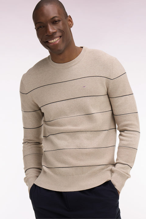 Pull col rond en coton beige rayé - Image 1