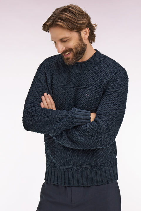 Pull col montant en lin et coton marine - Image 1