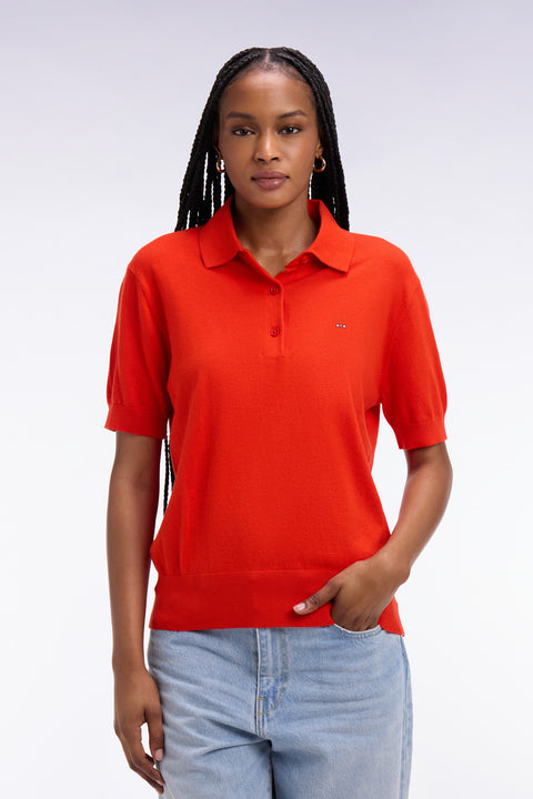 Pull polo à manches courtes en coton et soie mélangés rouge coupe regular - Image 3