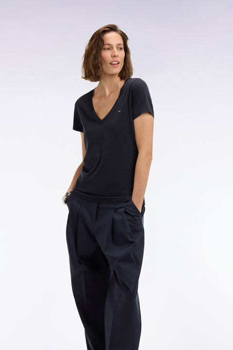 T-shirt à manches courtes col V en coton Pima marine coupe regular - Image 1