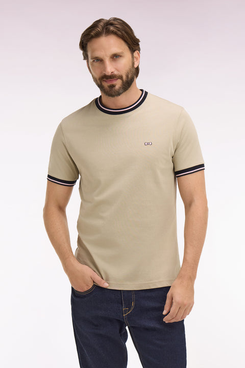 T-shirt à manches courtes en coton beige brodé coupe regular - Image 3
