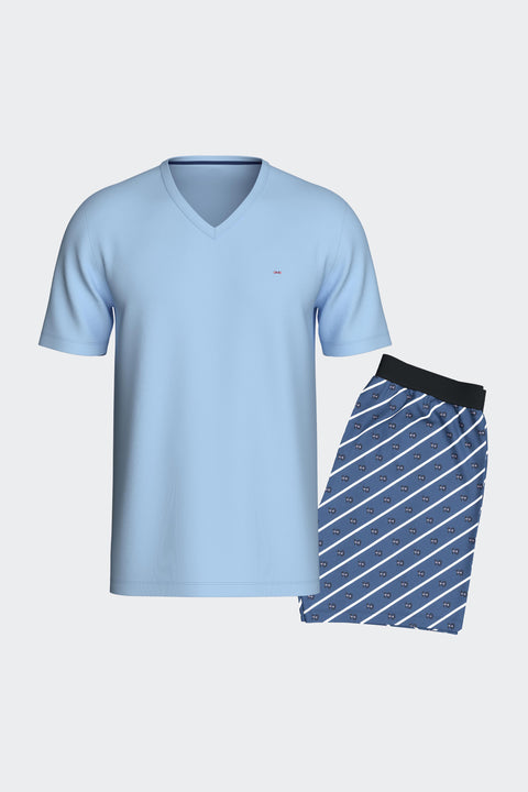 Pyjama court en coton bleu short à micromotifs - Image 1