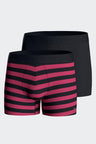 Set of two plain and ringed boxer shorts in navy and fuchsia stretch cotton jersey