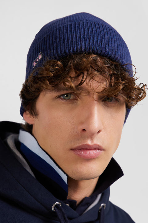 Plain navy blue knitted cotton beanie - Image 2