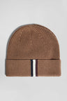 Knitted hat in hazelnut cotton with tricolored details
