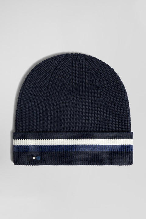 Navy blue cotton beanie with striped turn-up - Image 1