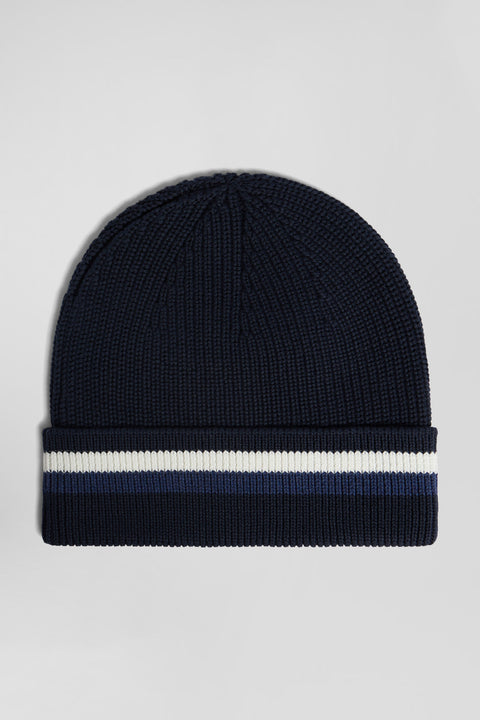 Navy blue cotton beanie with striped turn-up - Image 3