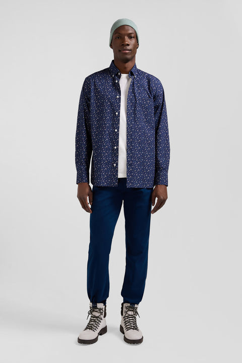 Regular navy blue cotton poplin shirt with micro floral print - Image 1