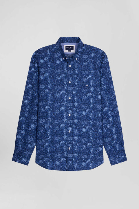 Regular navy blue cotton shirt with graphic print - Image 2
