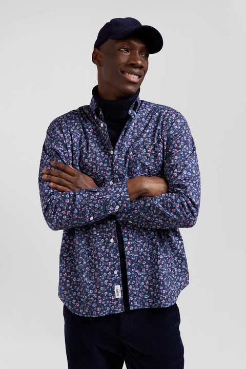 Chemise en coton à microimprimé bleu foncé coupe Regular - Image 3