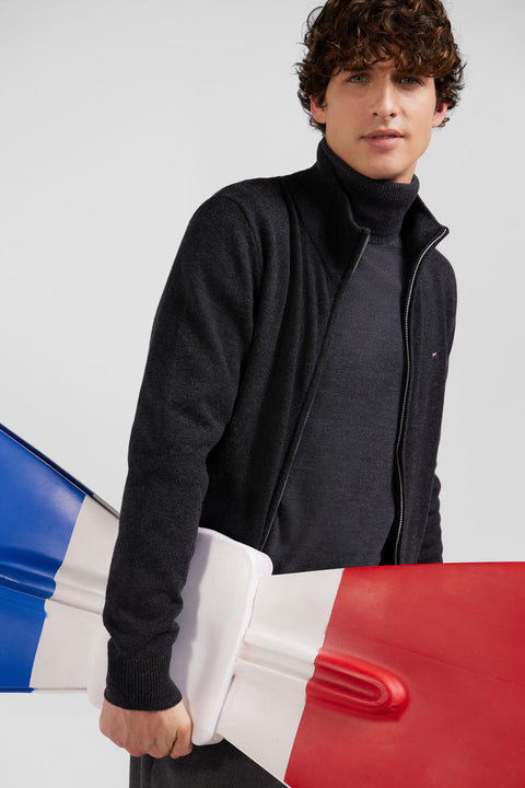 Regular anthracite grey plain wool and cotton zipped cardigan - Image 3