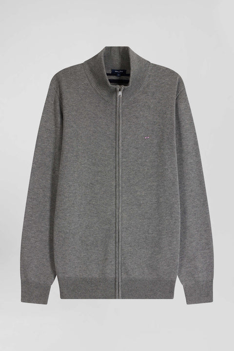 Regular grey plain wool and cotton zipped cardigan - Image 2