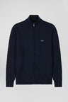 Regular navy blue plain cotton zipped cardigan with knit patterns