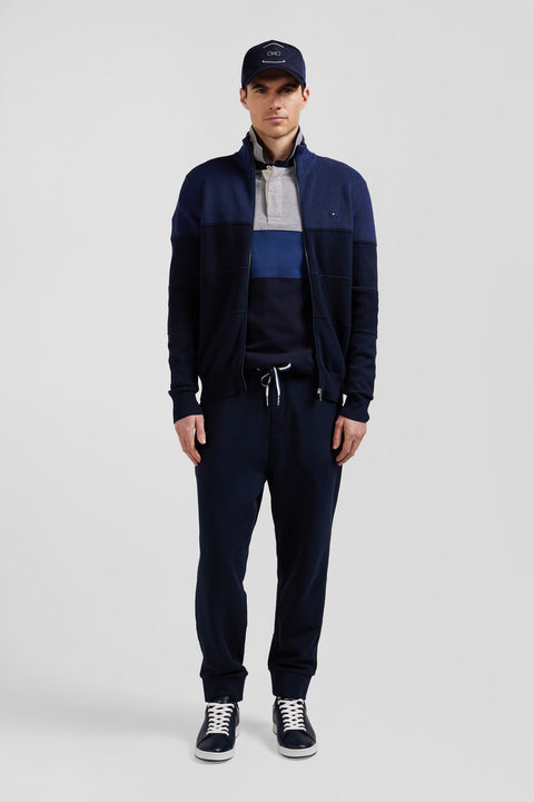 Regular navy blue and blue cotton high collar zipped cardigan - Image 1