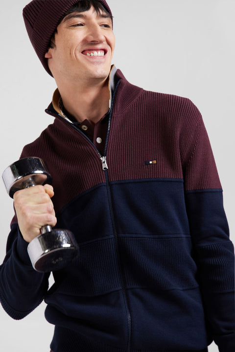 Regular navy blue and burgundy cotton high collar zipped cardigan - Image 3