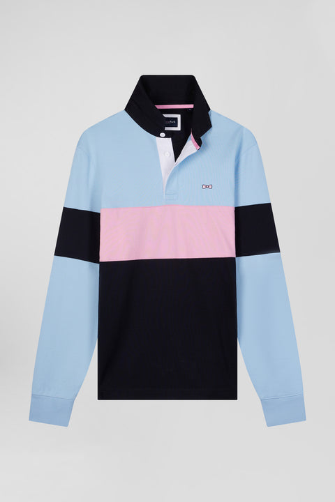 Regular burgundy long-sleeved colourblock cotton rugby shirt with back embroidery - Image 2