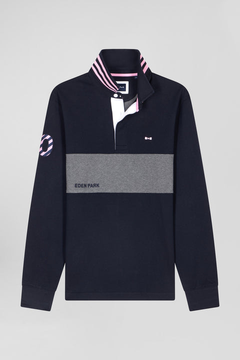 Regular navy long-sleeved cotton rugby shirt with sleeve N°10 embroidery - Image 2