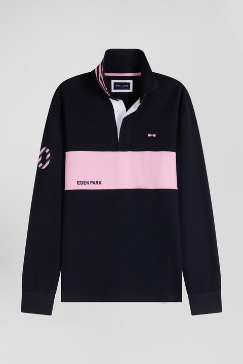 Regular long-sleeved cotton rugby shirt with navy and pink stripes - Image 2