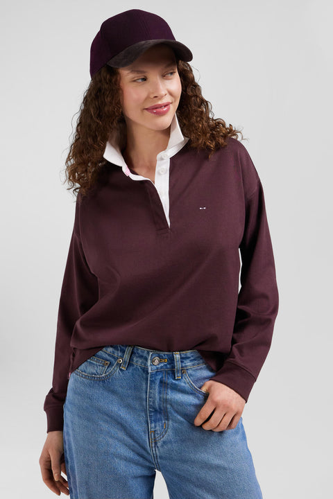 Relaxed burgundy long-sleeved cotton rugby shirt - Image 3