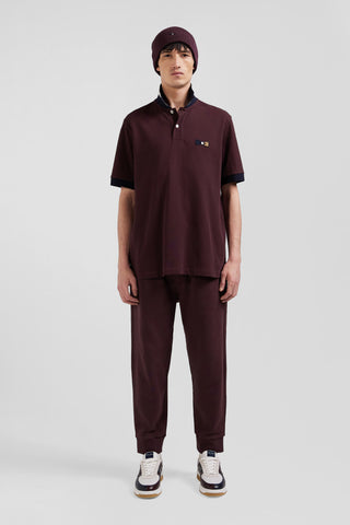 Oversize burgundy short-sleeved cotton piqué polo shirt with tricolor details