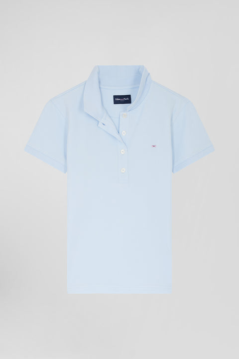 Slim sky blue plain stretch cotton short-sleeved polo shirt - Image 2