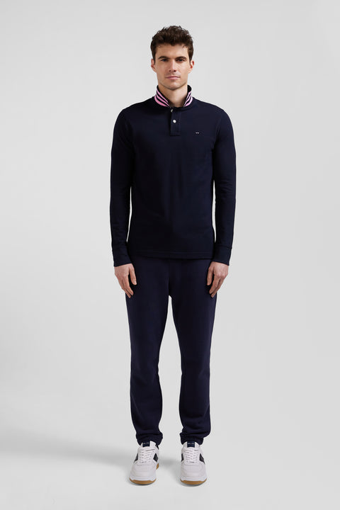 Regular navy long-sleeved cotton piqué polo shirt - Image 1