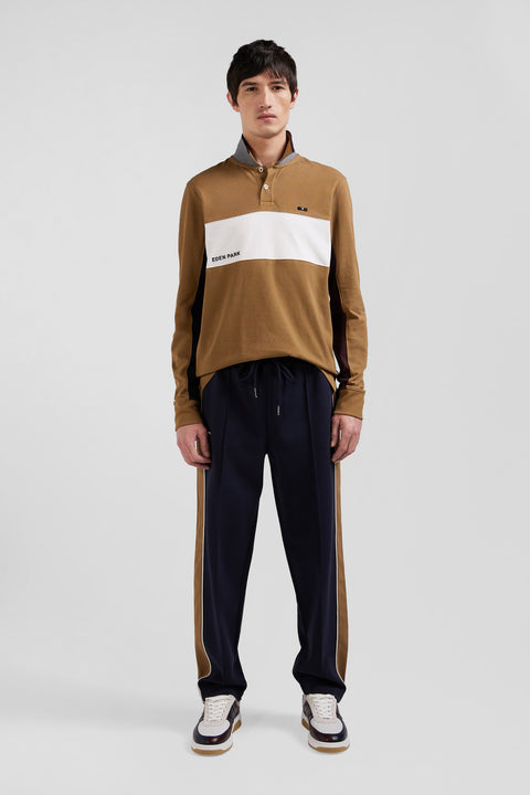 Polo manches longues colorblock en piqué coton noisette coupe Regular - Image 1