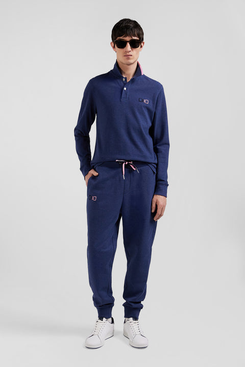 Regular navy blue long-sleeved cotton piqué polo shirt with pink details - Image 1