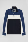 Regular blue tricolor long-sleeved cotton piqué polo shirt