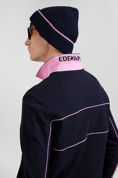 Polo manches longues en piqué coton marine passepoil rose coupe Regular - Image 3