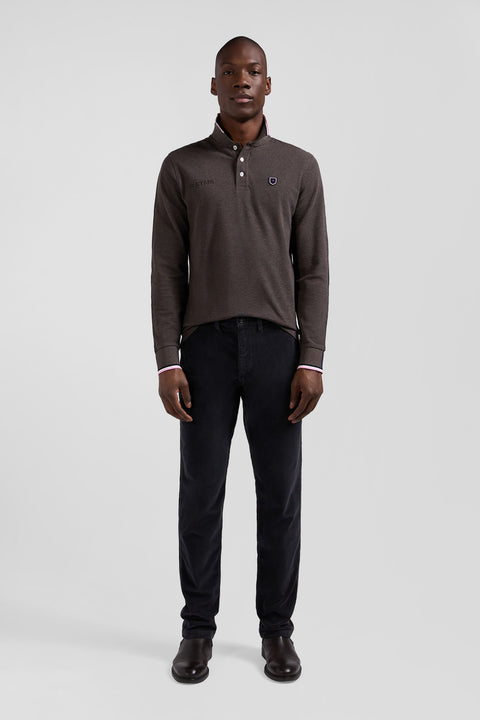 Polo manches longues en piqué coton marron détails tricolores coupe Regular - Image 1