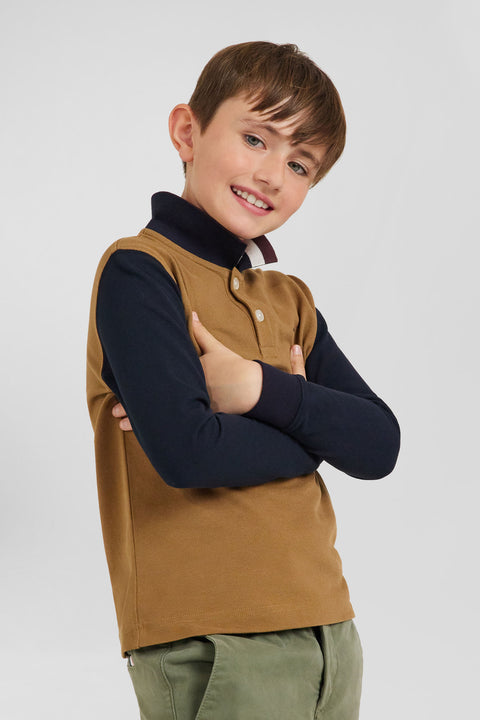 Eden Park regular fit polo shirt, long sleeves, cotton piqué, hazelnut, jacquard tricolour collar - Image 3