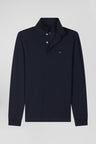 Slim navy blue long-sleeved cotton piqué polo shirt