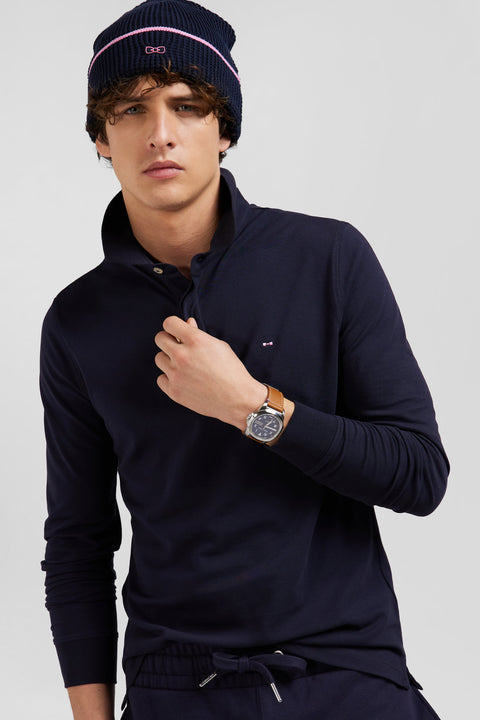 Slim navy blue long-sleeved cotton piqué polo shirt - Image 3