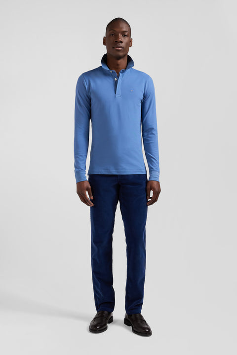 Slim blue long-sleeved cotton piqué polo shirt - Image 1