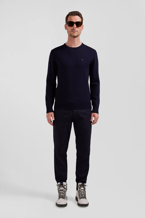 Regular navy blue wool and cotton crew neck jumper - Image 1