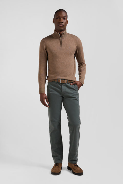 Regular brown semi-zipped wool and cotton jumper - Image 1