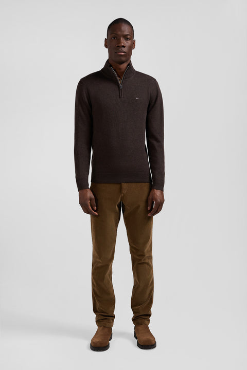 Regular dark brown semi-zipped wool and cotton jumper - Image 1