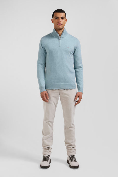 Pull col camionneur zippé en laine et coton vert coupe Regular - Image 1