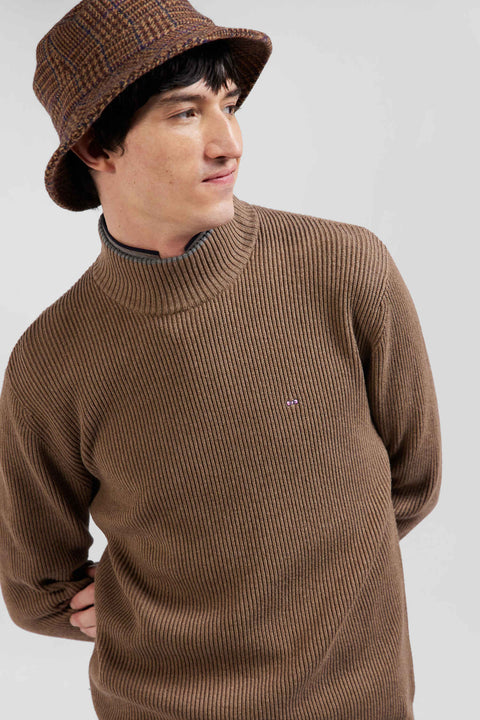 Regular brown wool and cotton high-neck jumper - Image 3