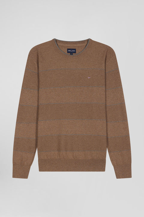 Regular brown striped cotton and cashmere crew neck jumper - Image 2