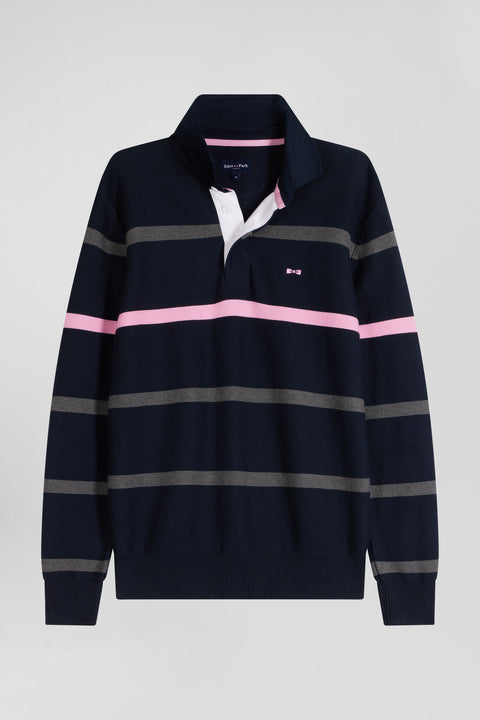 Regular navy blue striped cotton polo neck jumper - Image 2