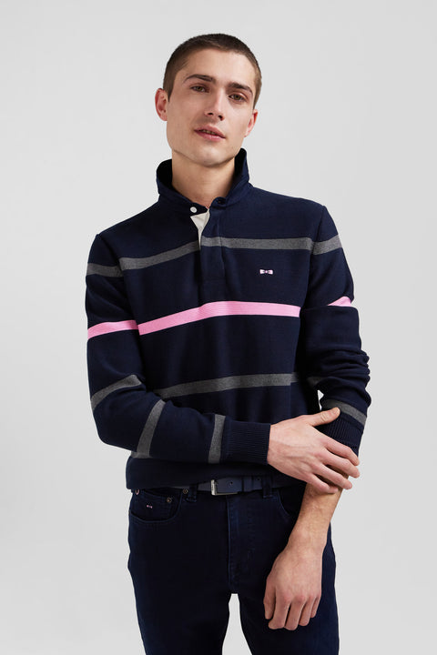 Regular navy blue striped cotton polo neck jumper - Image 3