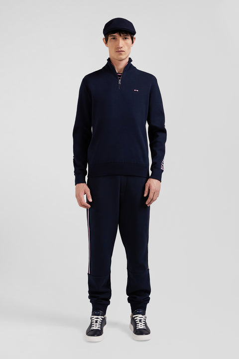 Regular navy semi-zipped cotton jumper with jacquard details - Image 1