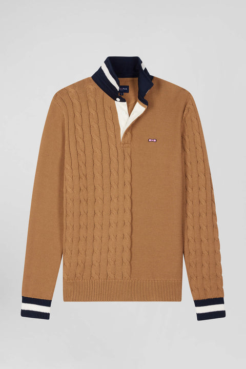 Regular camel cotton jumper with rugby shirt collar - Image 2
